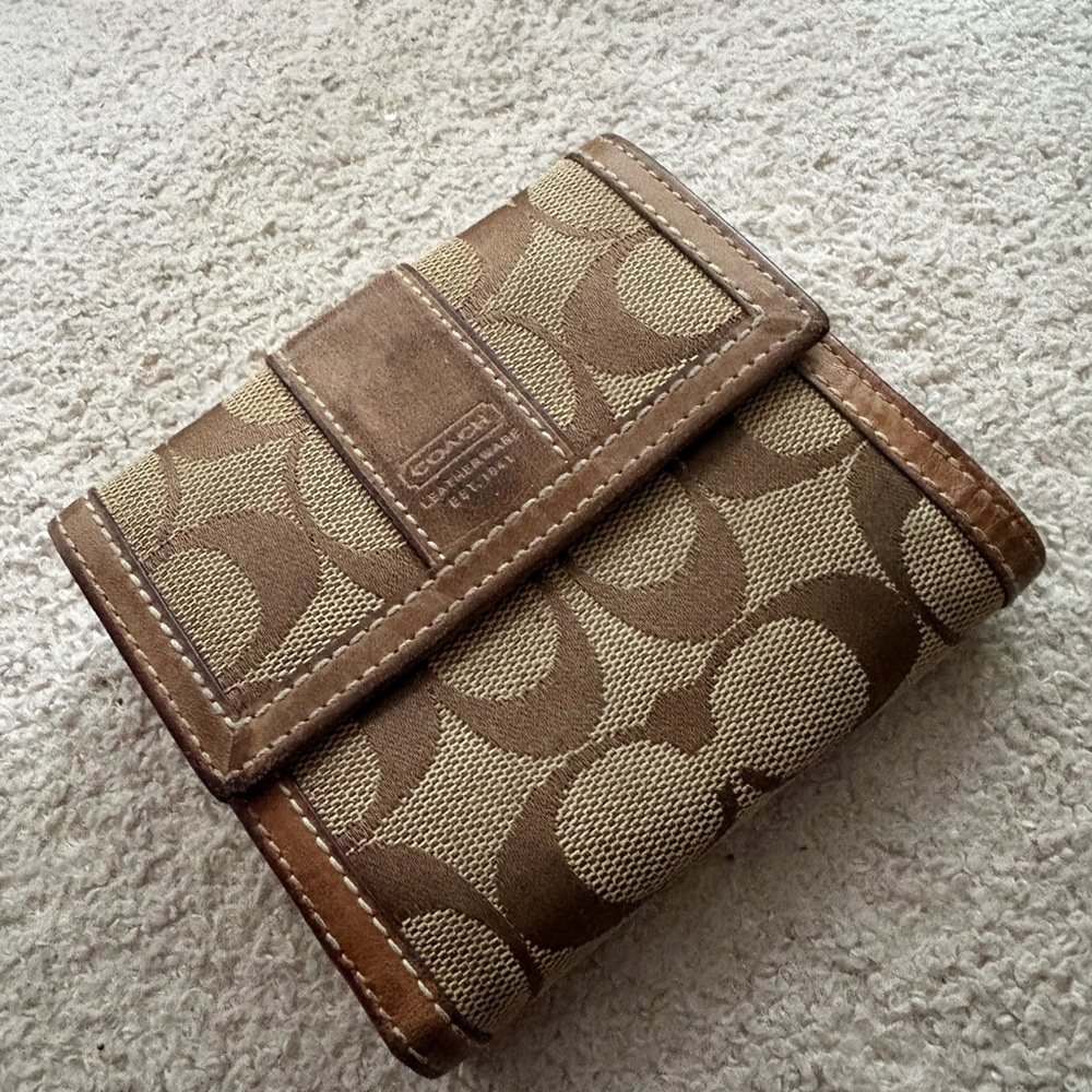 Coach Brown and Tan Signature Canvas Trifold Wallet